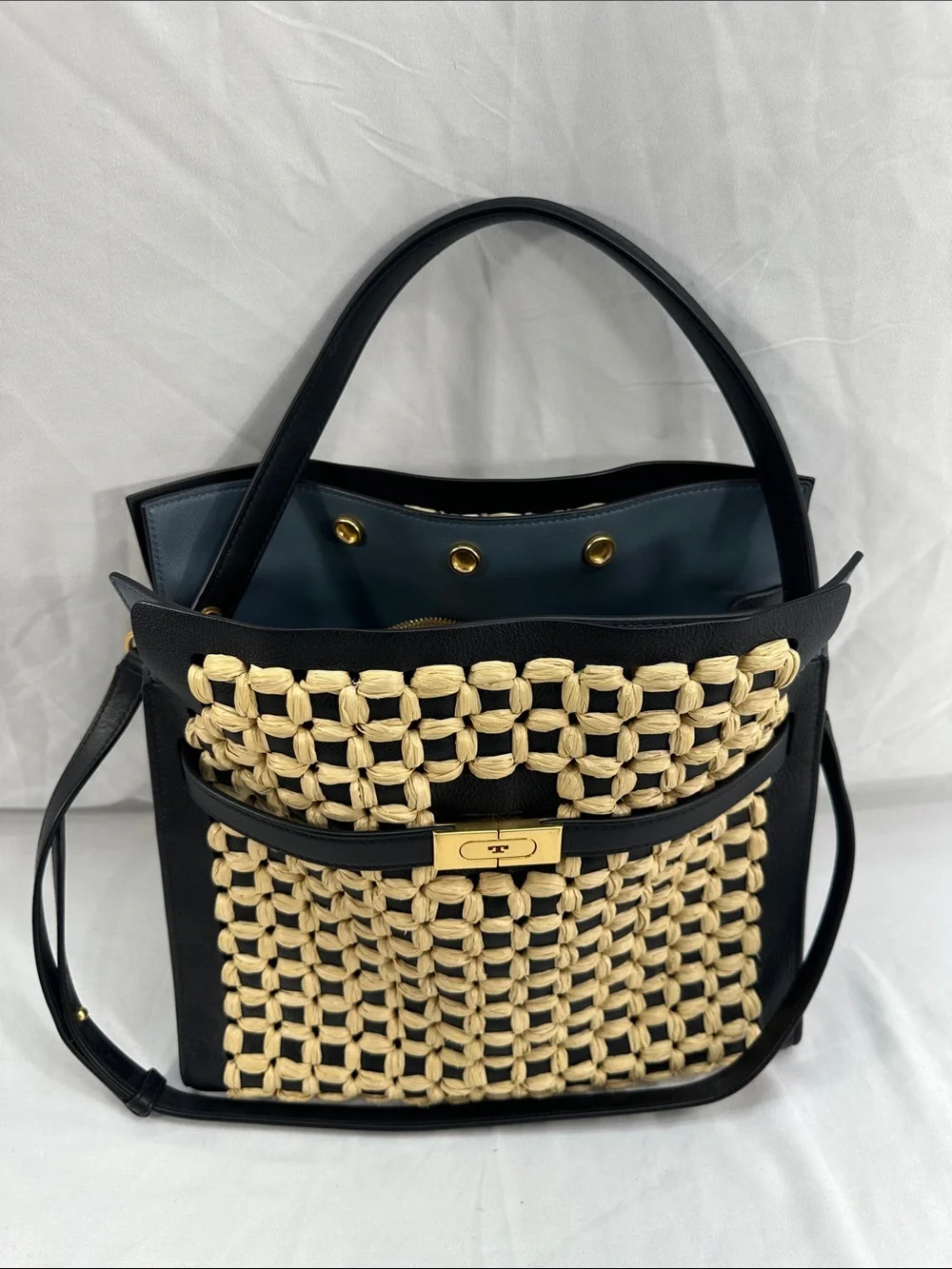 Tory Burch Lee Radziwill Woven Raffia Double Satchel Bag W/ Dust Cover